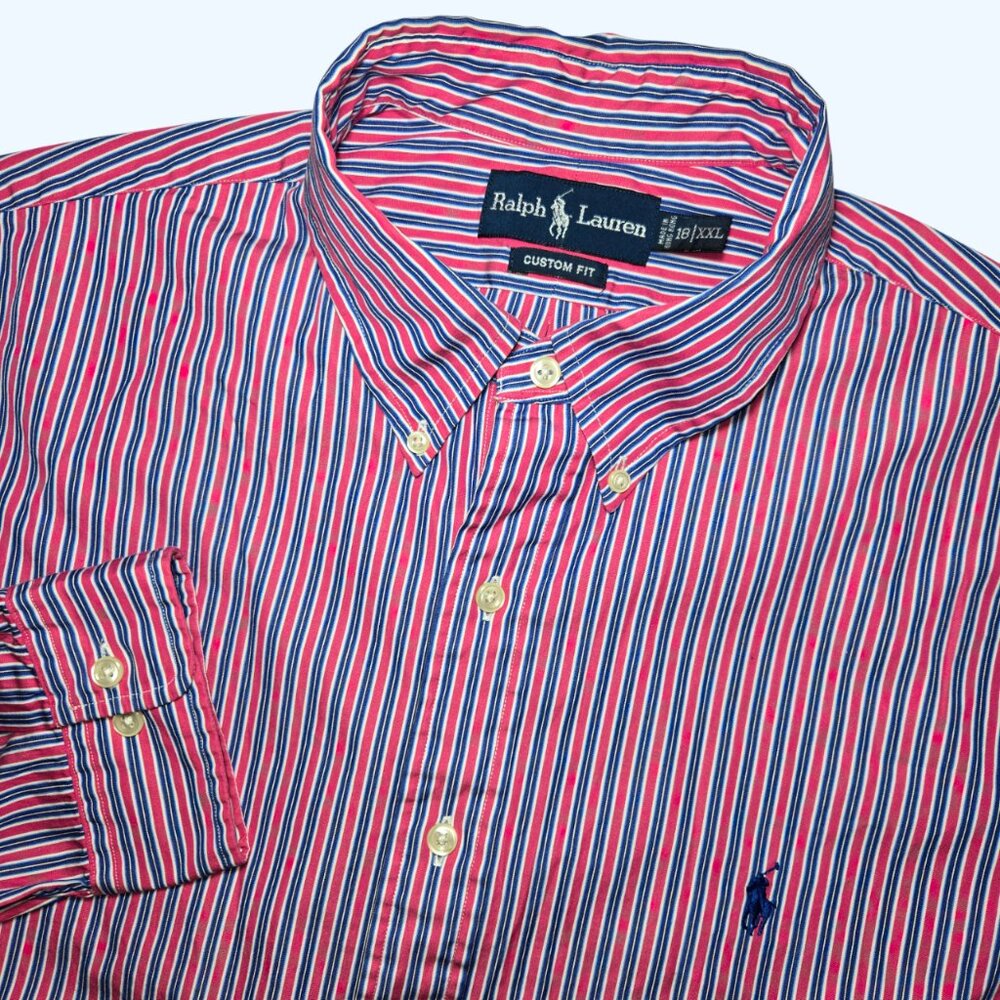 Ralph Lauren Mens XXL 18 Custom Fit Striped Button Down Shirt Pink Blue White